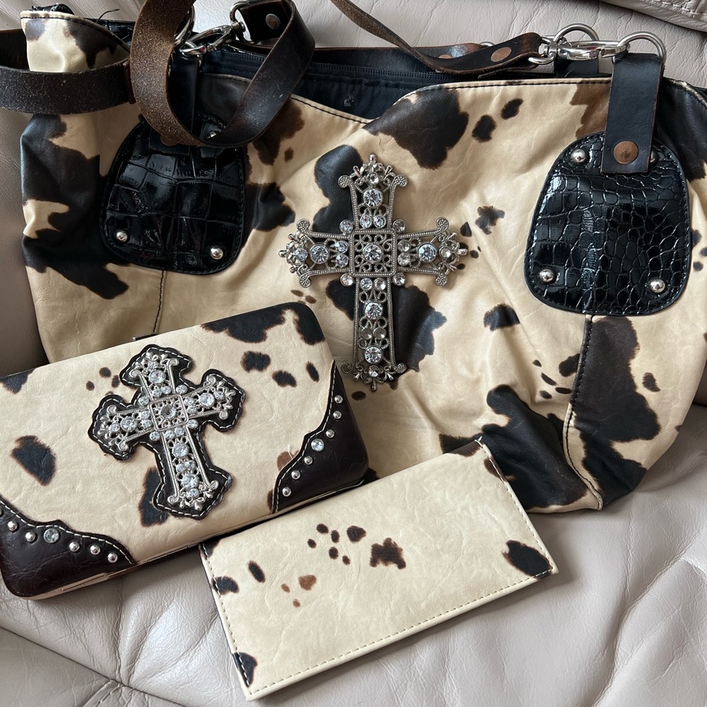 Cow Print Handbag and Wallet Set with Cross Accents